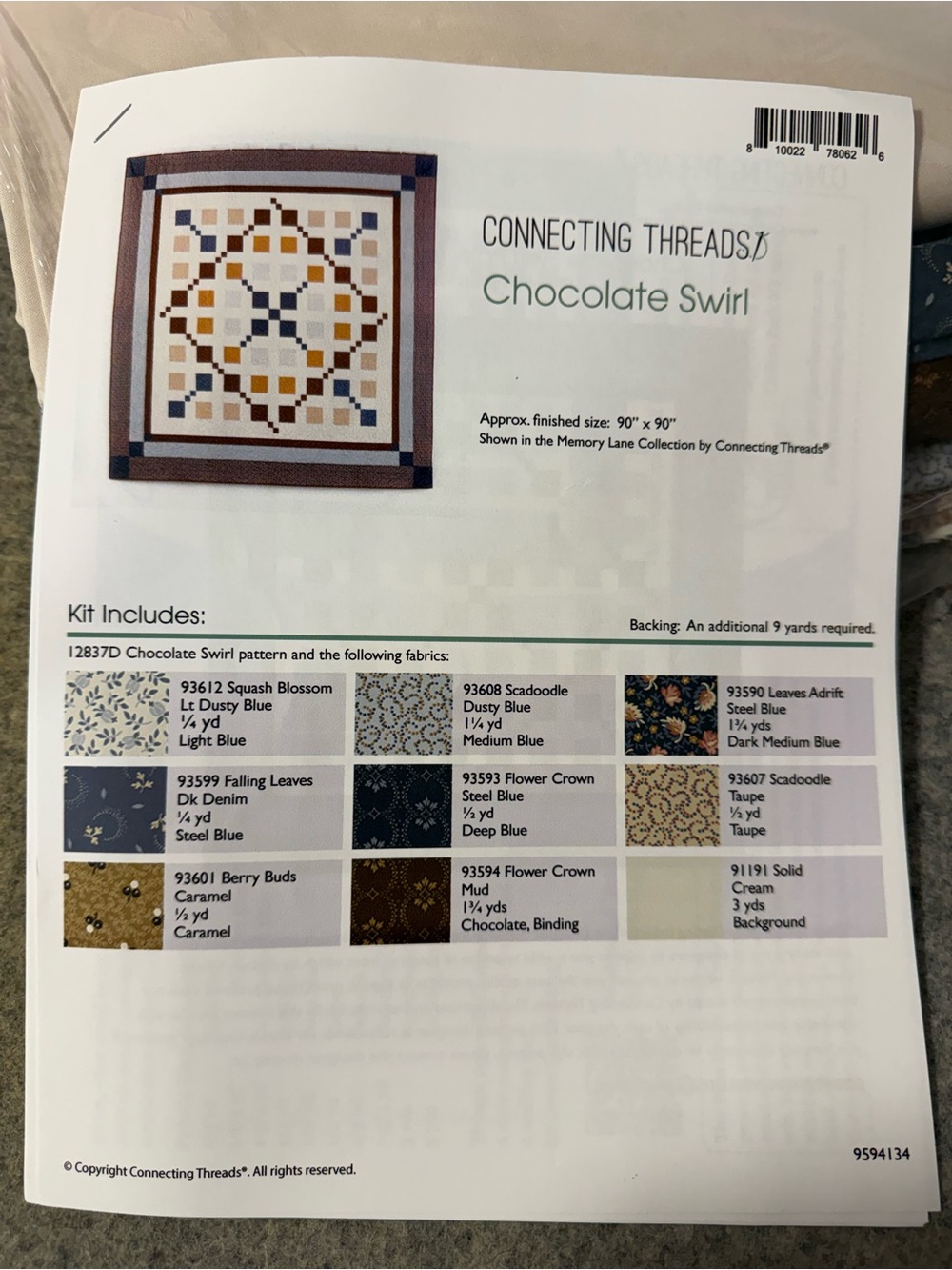 Connecting Threads Chocolate Swirl Quilt Pattern - Blue, Brown, Cream